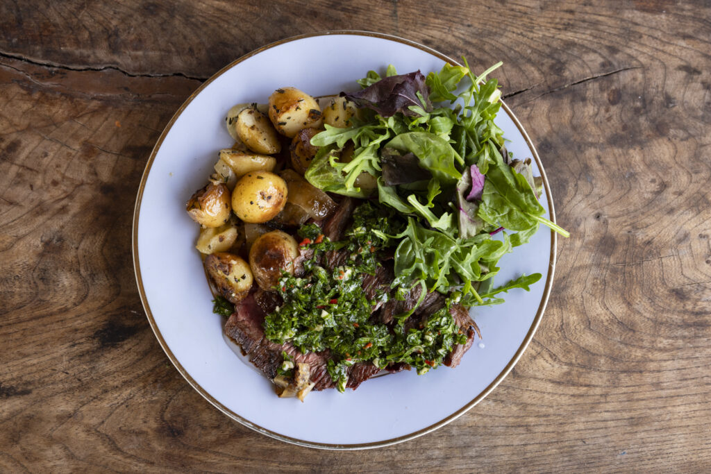 Bavette-with-rosemary-potatoes-chimichurri-and-green-salad